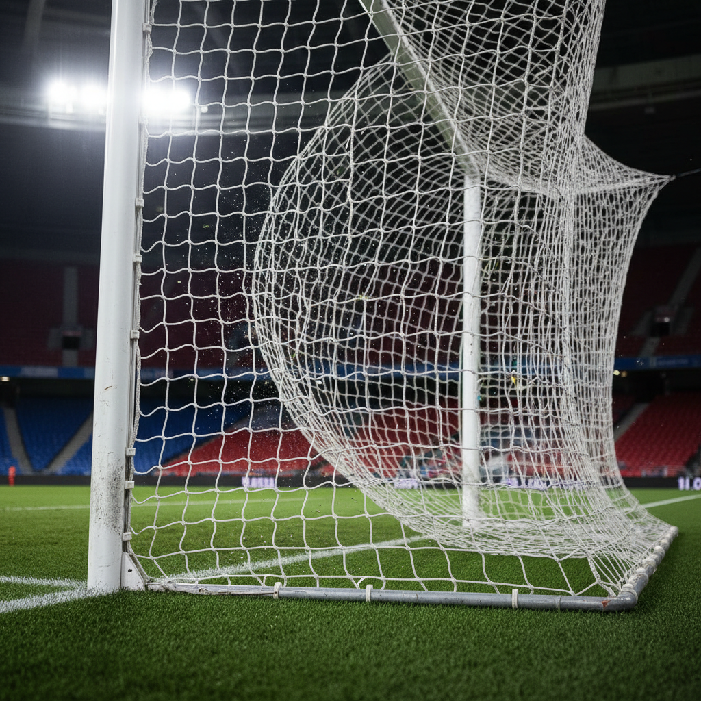A close, dynamic shot of a football goal with a pristine white net stretching taut as an invisible ball has just struck, causing the net to billow inward in a frozen moment of impact. Tiny droplets of water and bits of turf hang in the air, adding energy and realism. The metal goalposts show slight scuffs and chipped paint, emphasizing authenticity. In the background, the penalty area markings and blurred stadium seating create context without visible people. Bright stadium floodlighting from the upper left creates crisp highlights on the posts and strong shadows on the grass. Shot from a low angle inside the goal with a fast-action photographic style, the mood is intense and decisive, perfect for illustrating match-defining moments.