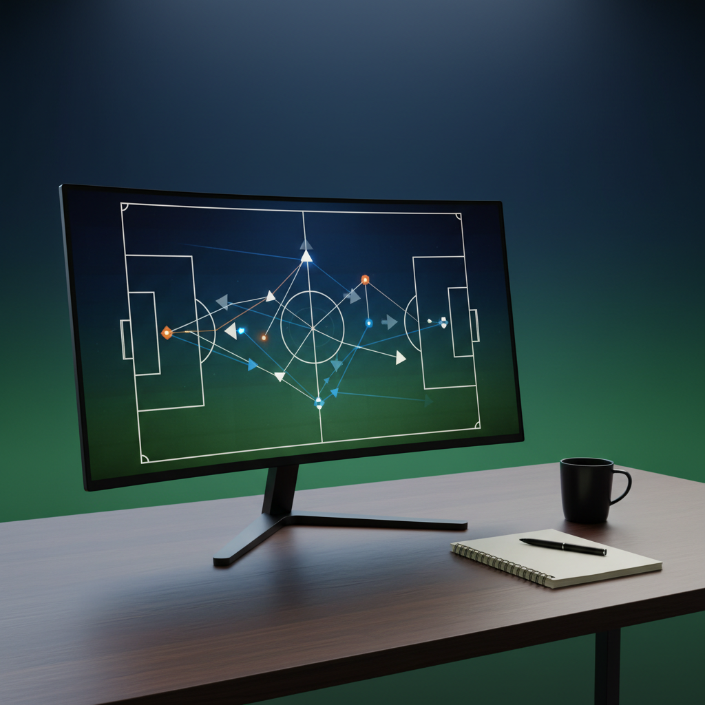 A sleek, modern sports desk setup for a digital football analysis blog, featuring a large, ultra-thin screen displaying an abstract tactical pitch graphic with arrows and formations, all without recognizable team logos or text. The screen sits on a dark wooden desk beside a minimalist notebook and a clean, logo-free coffee mug. Soft, cool studio lighting illuminates the workspace, creating subtle reflections on the screen and gentle shadows behind objects. The background is a smooth, slightly blurred gradient in deep blue and green tones, evoking stadium colors. Captured from a slightly elevated angle with a balanced composition and photographic realism, the mood is professional, focused, and data-driven, suited to in-depth Arabic sports commentary.