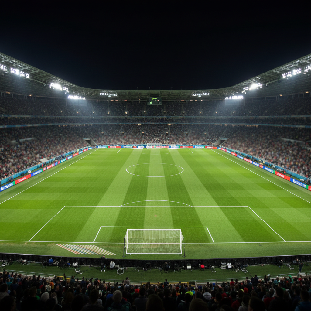 A wide panoramic view of a fully lit international football stadium at night, seen from a high vantage point near the halfway line. The perfectly marked pitch glows in vibrant green under powerful floodlights, which cast crisp, dramatic shadows toward the corners. The stands are filled with a subtle, abstract crowd texture, intentionally defocused to avoid distinct people. Electronic advertising boards form soft bands of color without any readable text or logos. The sky above is a deep navy, adding contrast and intensity. Shot with photographic realism and sharp focus across the field, the mood is grand, professional, and analytical, ideal for a headline image on a daily sports analysis site.