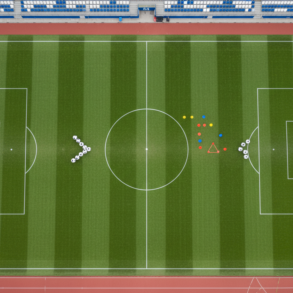 An overhead, tactical-style photographic view of a football pitch segment, focusing on the midfield zone with clearly painted lines and lush, well-maintained grass showing subtle mowing patterns. Several footballs and colored training cones are arranged in precise shapes to suggest strategy and movement, replacing the need for players. Soft, overcast daylight produces even, diffused lighting with minimal shadows, highlighting the textures and patterns on the turf. The surrounding track and a hint of empty stands are visible at the frame edges, slightly blurred. The composition is symmetrical and clean, emphasizing order and analysis. Rendered in photographic realism, the atmosphere is calm, methodical, and analytical, ideal for explaining tactics on a professional Arabic sports blog.